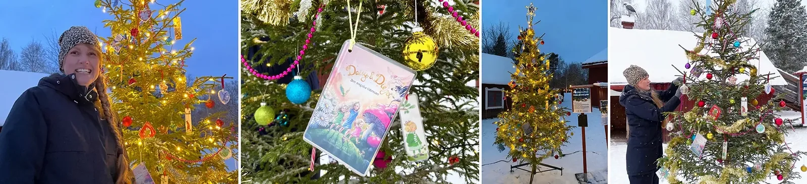 Fyra vinterbilder i rad: Elin Sjöqvist står leende i mössa framför en upplyst julgran ute i snön, boken Daisy & Diego – Den magiska tidsresan hänger som pynt i granen bland kulor och girlanger, granen står tänd i skymningen bredvid en skylt, och Elin hänger upp pynt i granen framför en röd stuga.