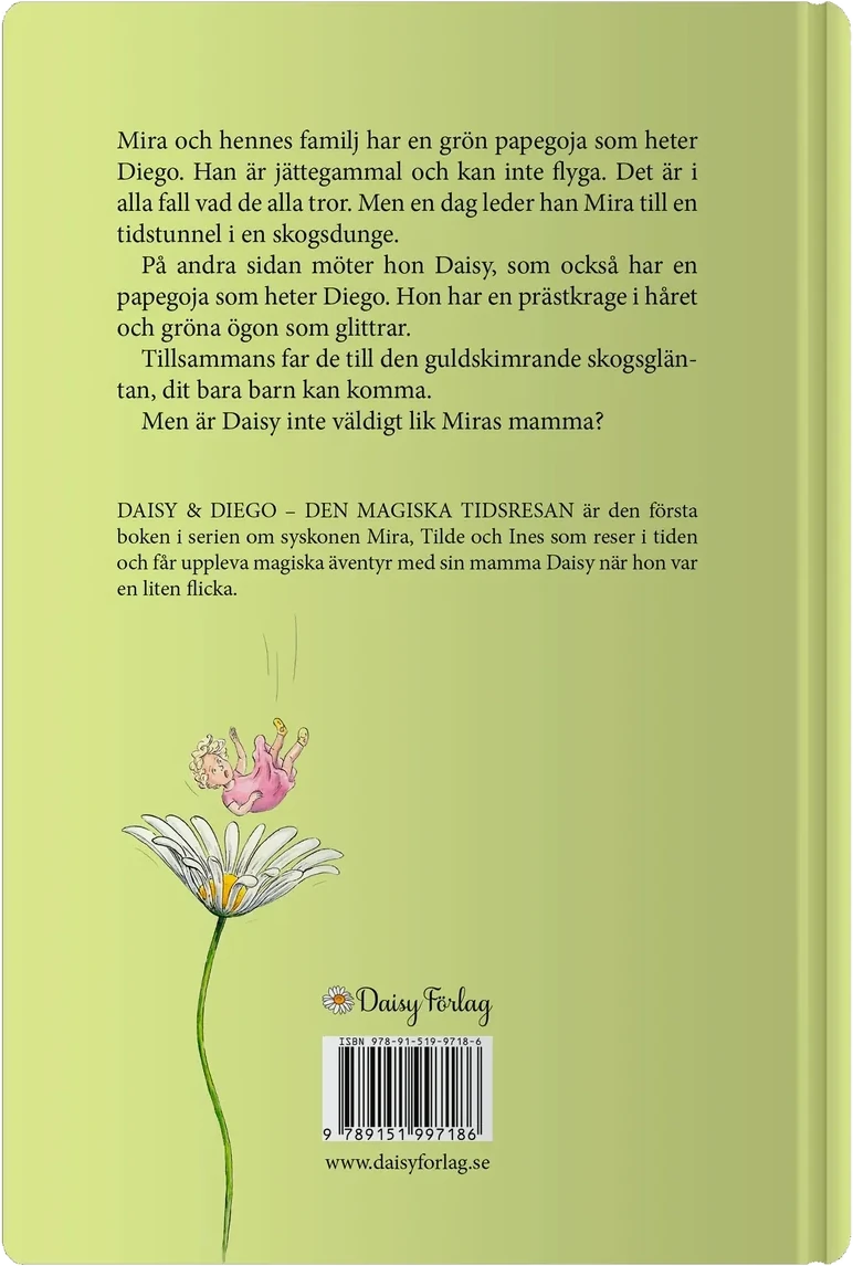 Baksidan av boken: grönt omslag med baksidestexten och en akvarell av en liten flicka i rosa klänning som hoppar ner mot en stor prästkrage.