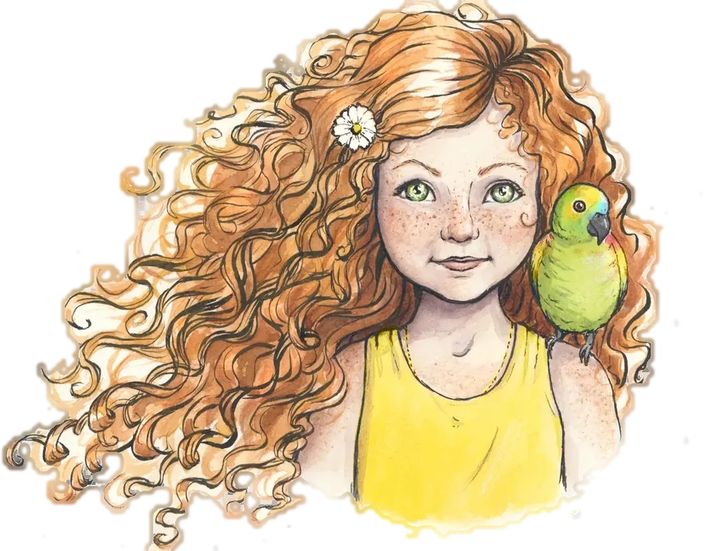 Akvarellillustration av Daisy: en flicka med långt lockigt rödblont hår, fräknar och gröna ögon, med en prästkrage i håret och den gröna papegojan Diego på axeln.